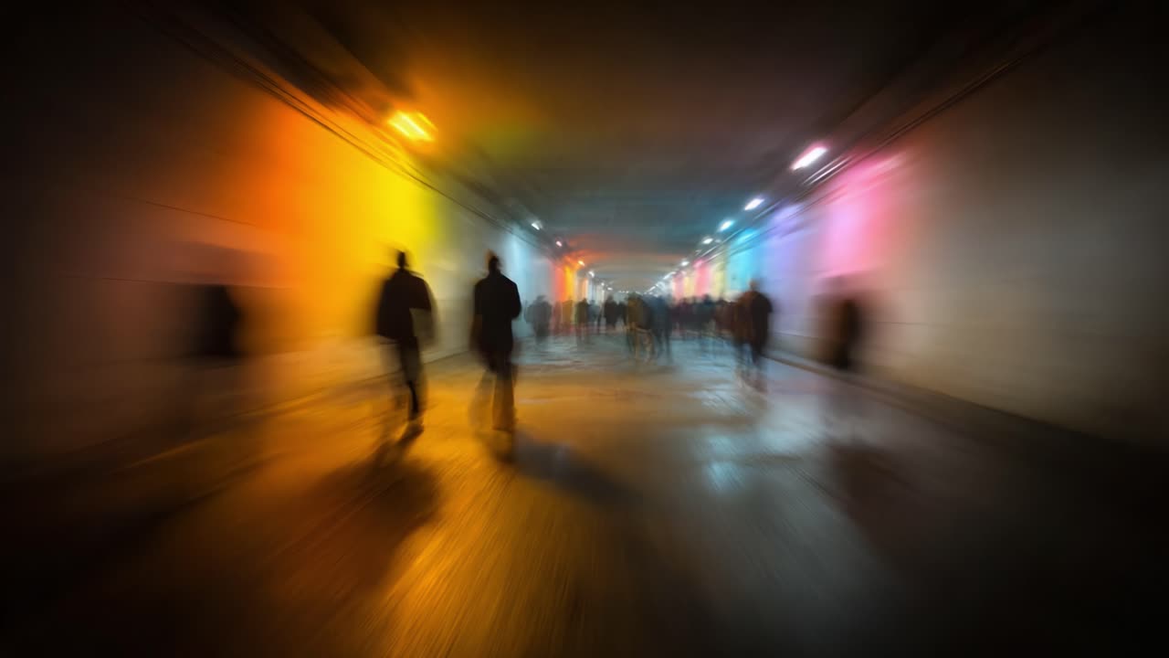 A Mysterious Journey through a Colorful Tunnel: Shadows of Passersby and Vibrant Reflections Captured in Motion from Start to Finish