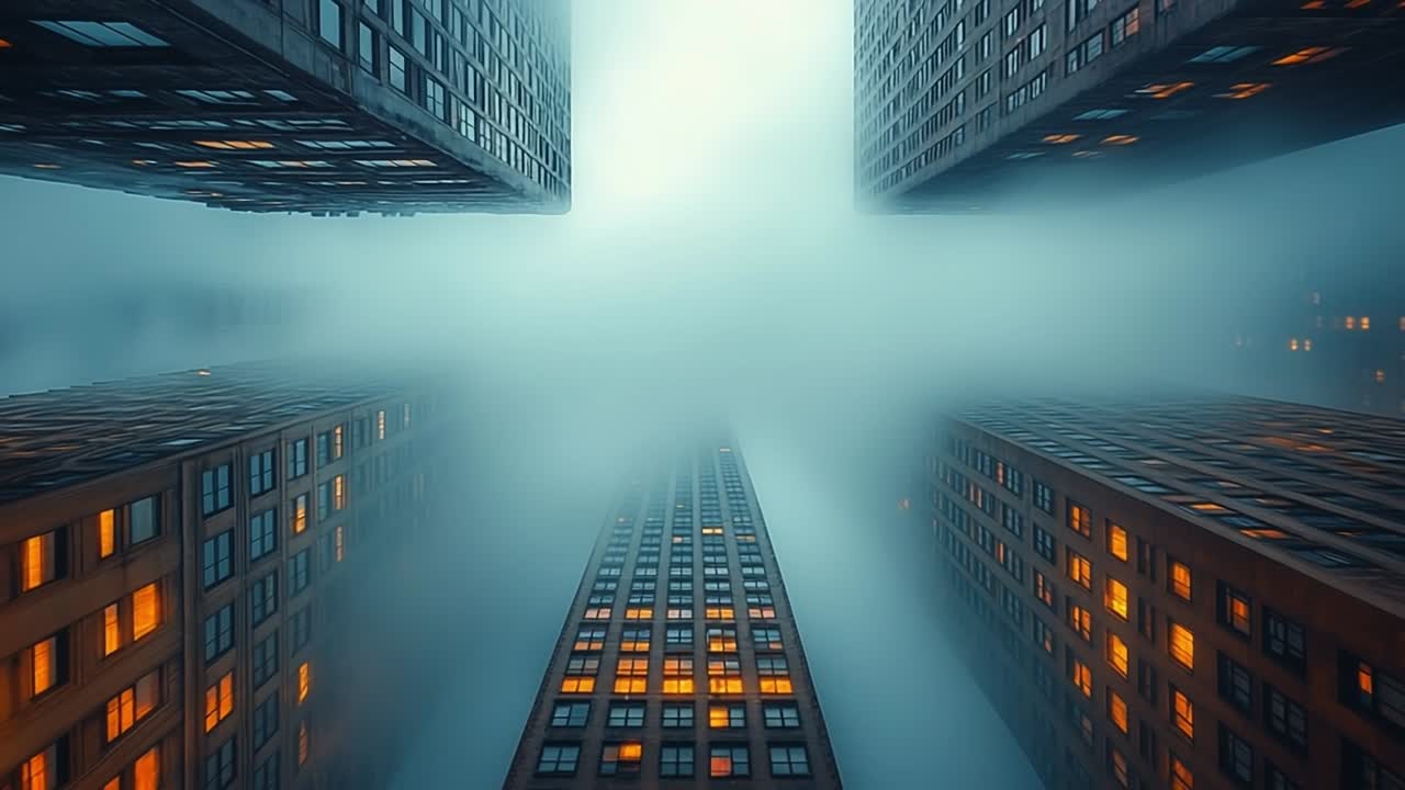 Fog cloaks city skyscrapers. Tall buildings are surrounded by thick fog, creating a mysterious atmosphere in the city during early morning.