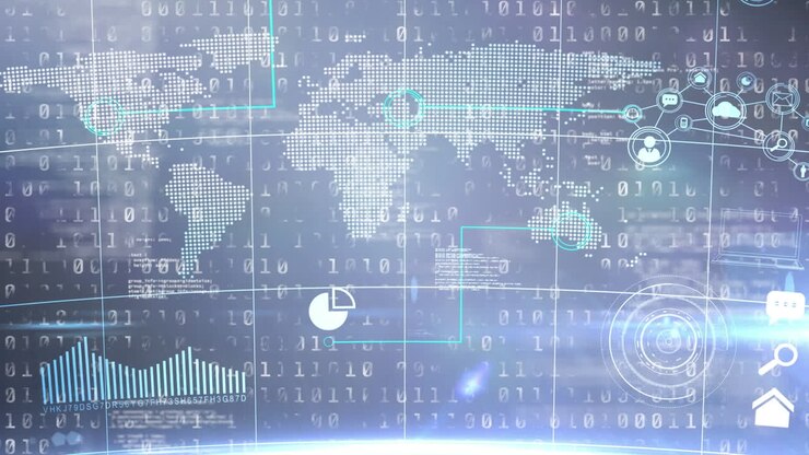 Digital animation of binary coding data processing against world map on blue background