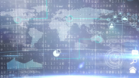 digital animation of binary coding data processing against world map on blue background