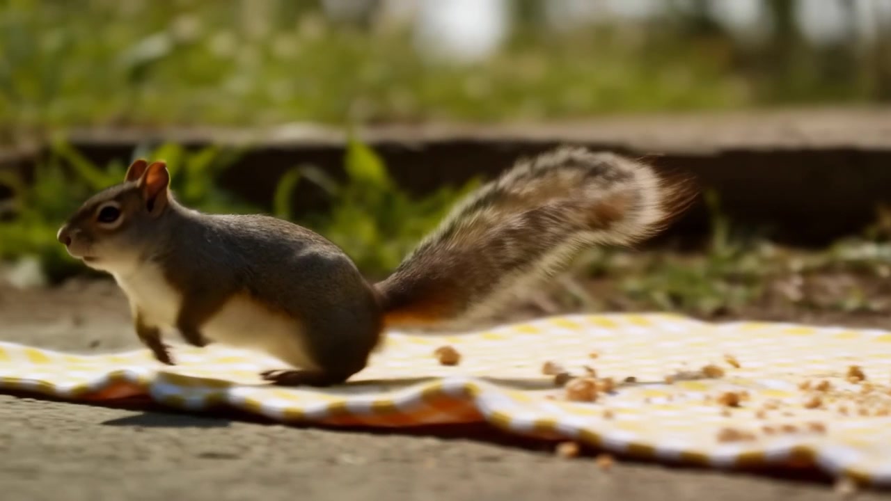 Small squirrel moves across yellow and white striped picnic cloth beside paved garden ground in outdoor setting, captured mid leap in profile with extended body, raised tail, and soft sunlit