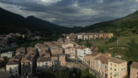 La-pobla-de-Lillet-near-Barcelona,-Catalonia-Spain,-cinematic-aerial