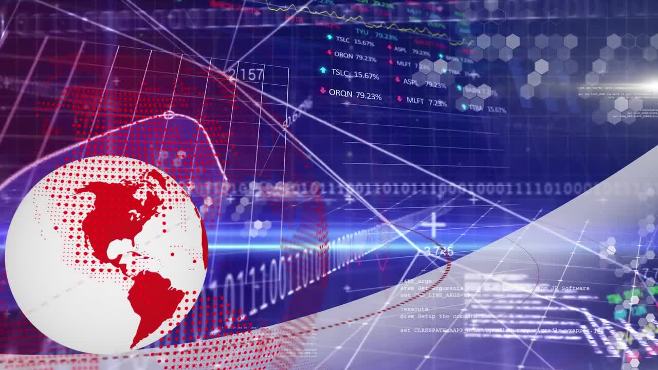 animación de un globo giratorio sobre el procesamiento de datos estadísticos y del mercado de valores sobre un fondo azul