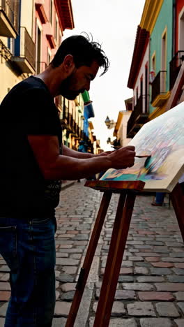 street artist painting in colorful spanish city
