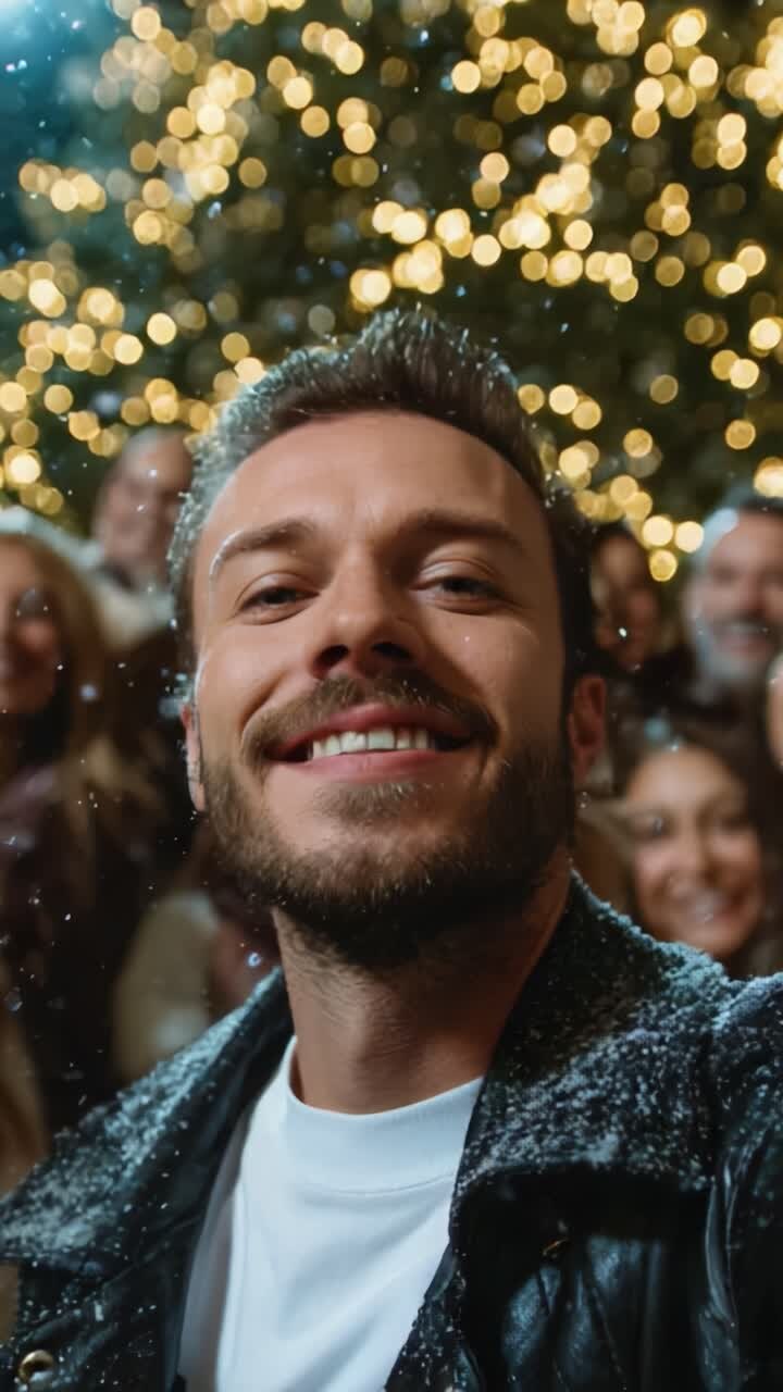Uomo allegro che scatta un selfie di fronte a luci natalizie scintillanti, circondato da amici festosi, immortalando momenti di gioia, festa e unione durante le vacanze.