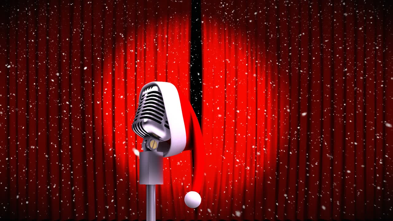 Animazione di un cappello di Natale su un microfono e neve che cade su una tenda rossa che si apre.