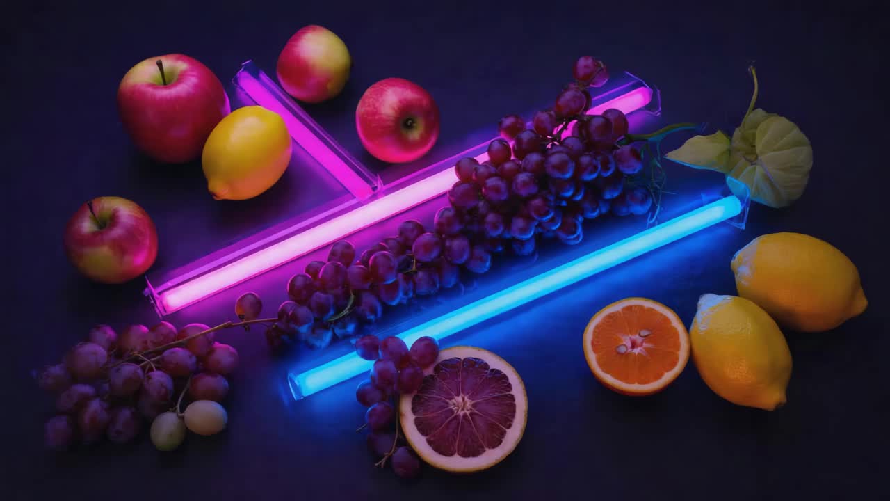 Still life with fruit and neon lights