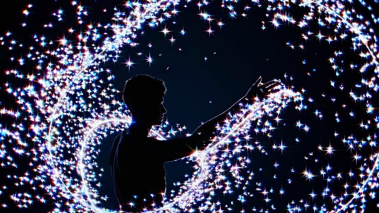 Silhouette of a person surrounded by swirling lights, captured from a side angle