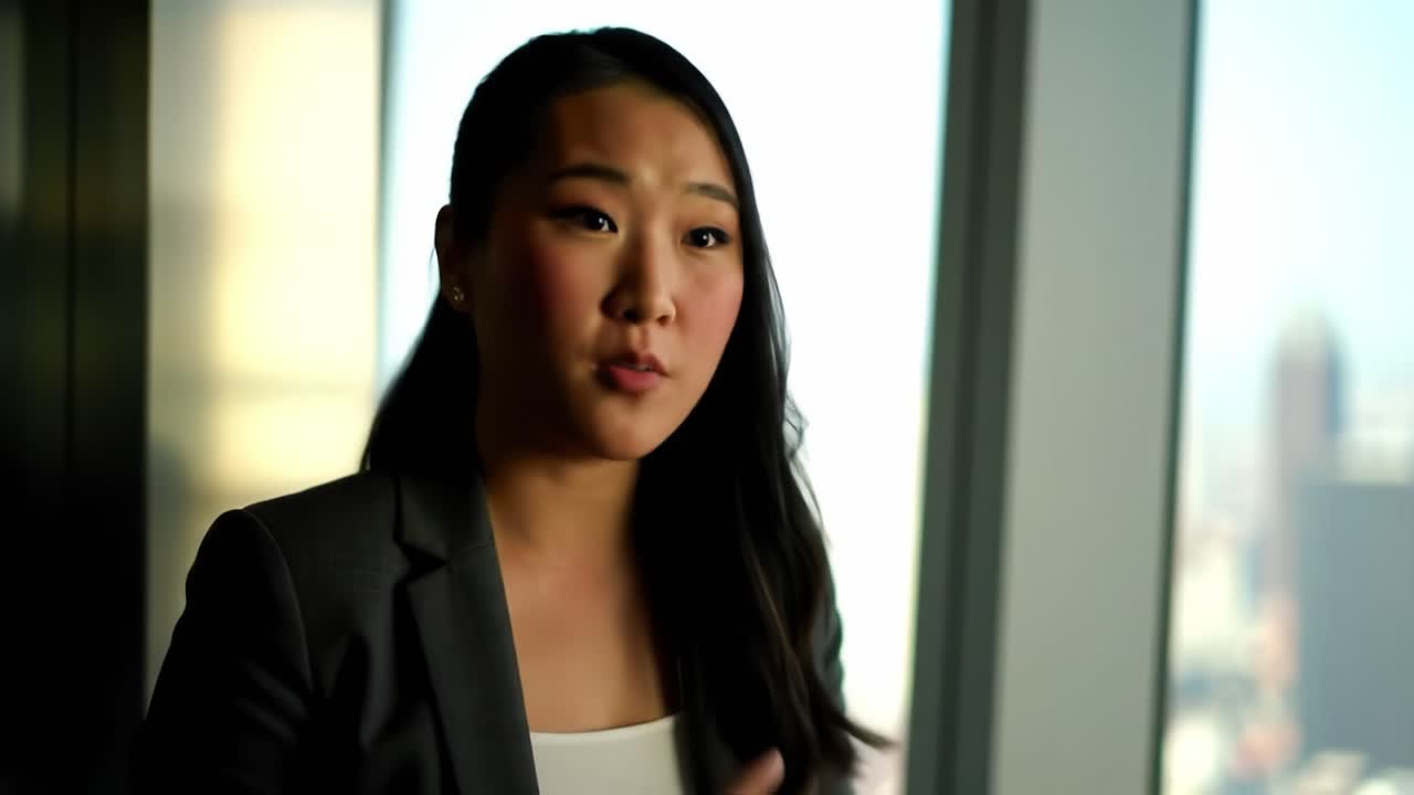 A young professional shares valuable insights on career development and effective networking strategies while standing by a large window with a cityscape backdrop.