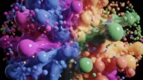 a vibrant explosion of colorful spheres and particles uniting in a dynamic display, capturing the beauty of abstract motion and fluid dynamics in a mesmerizing sequence.