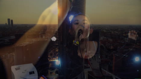 woman singer performing on stage for music, showing golden city skyline with light reflections