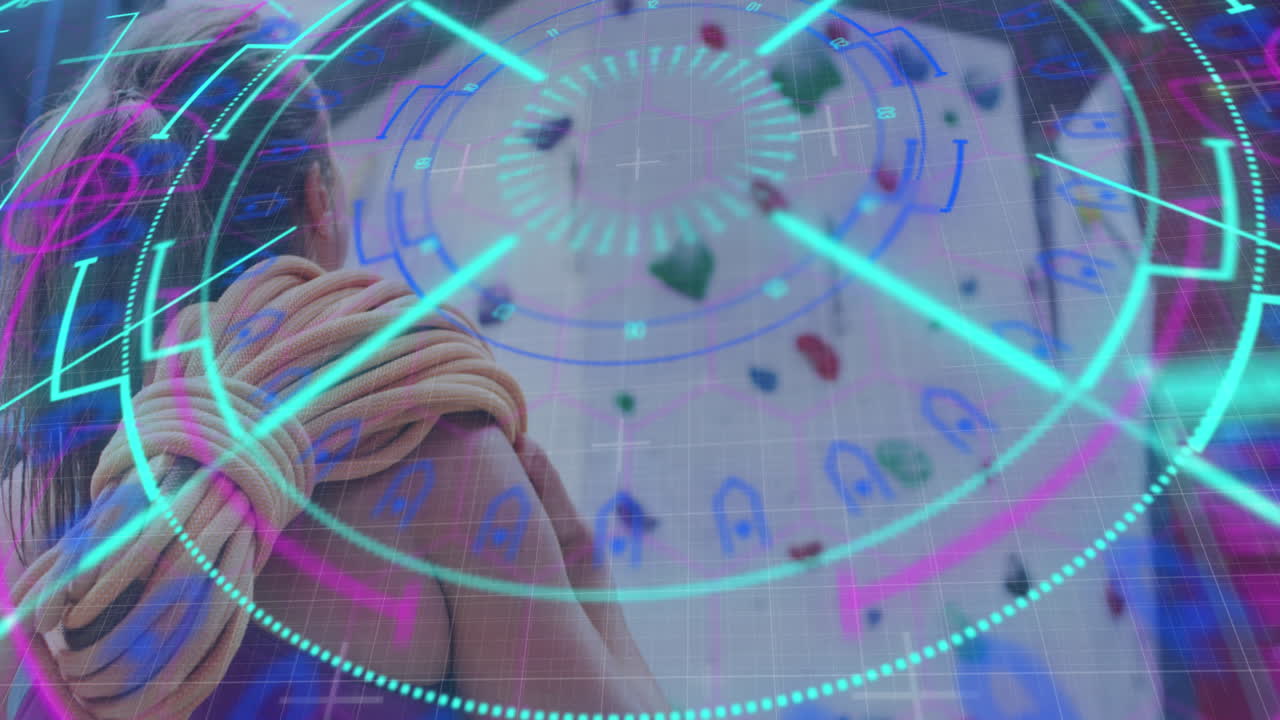 카우카시안 여성 등반 벽에 대한 데이터 처리의 애니메이션