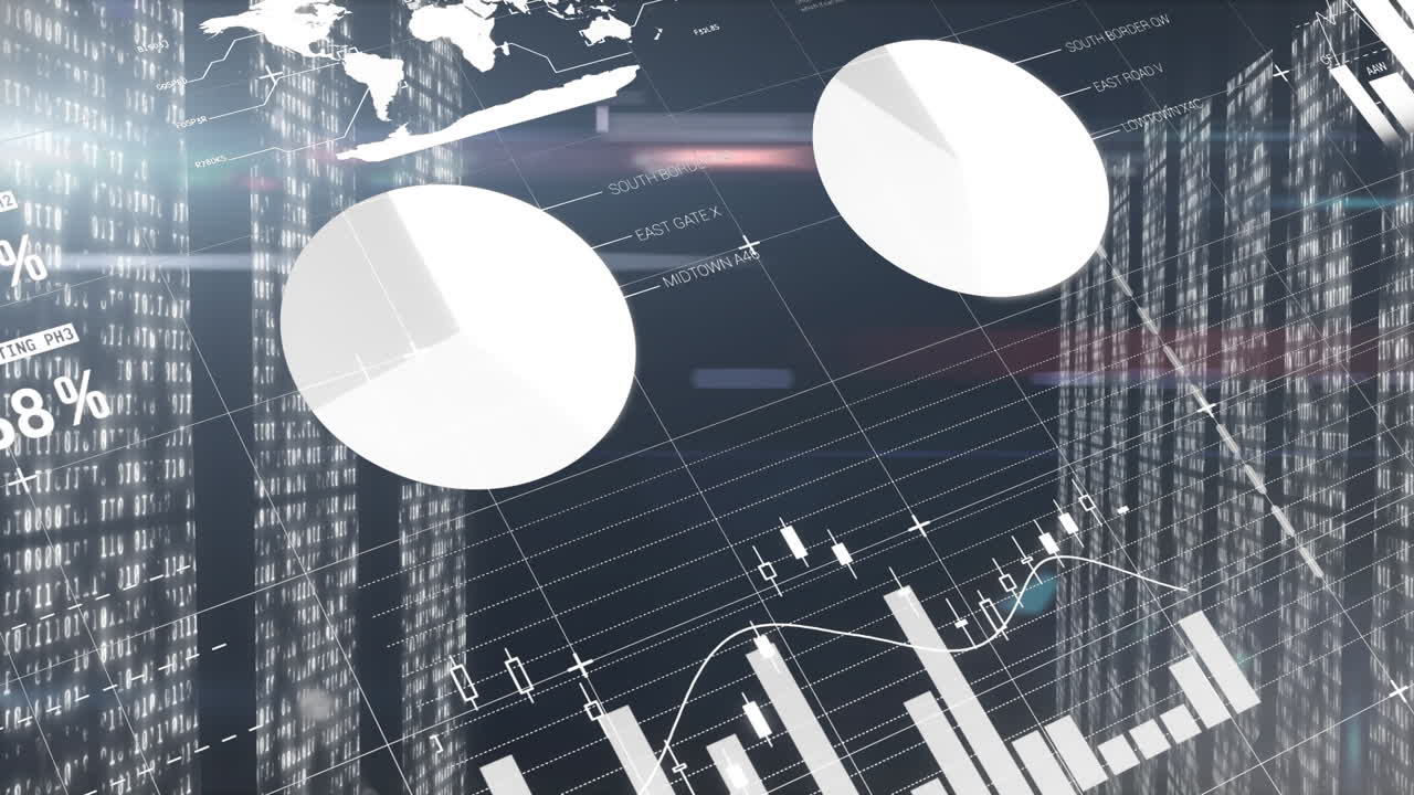 파란색 배경에 모자이크 사각형으로 여러 화면에서 데이터 처리의 애니메이션