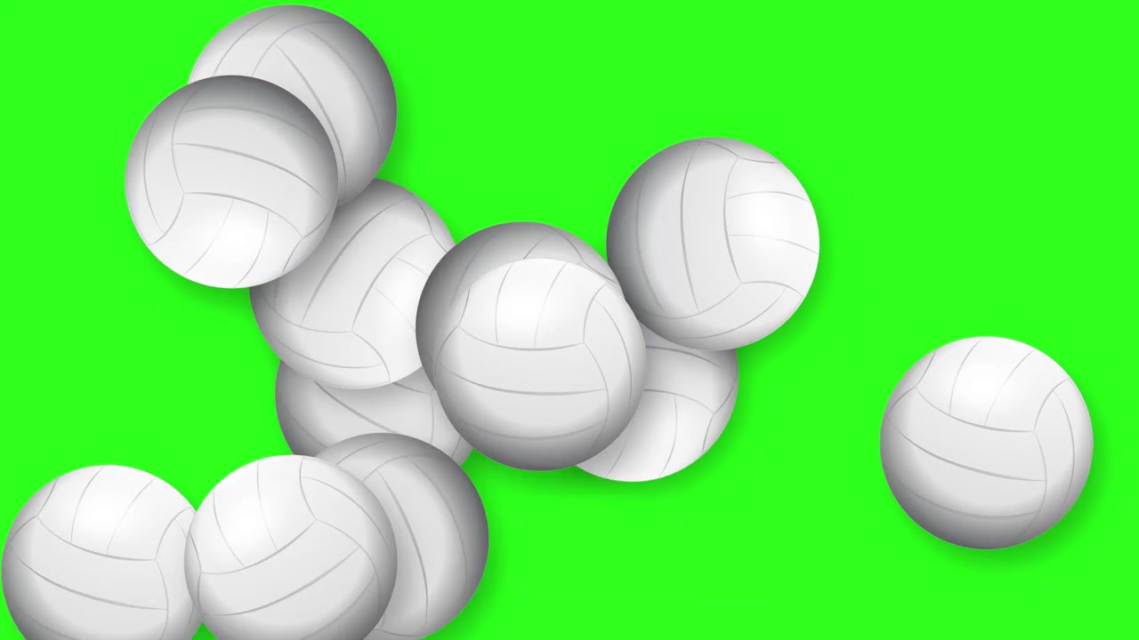 Dynamic 3D volleyballs bouncing and bursting across a bright green screen background with smooth motion.