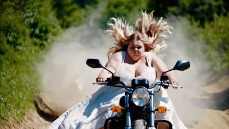 woman in wedding dress riding motorcycle