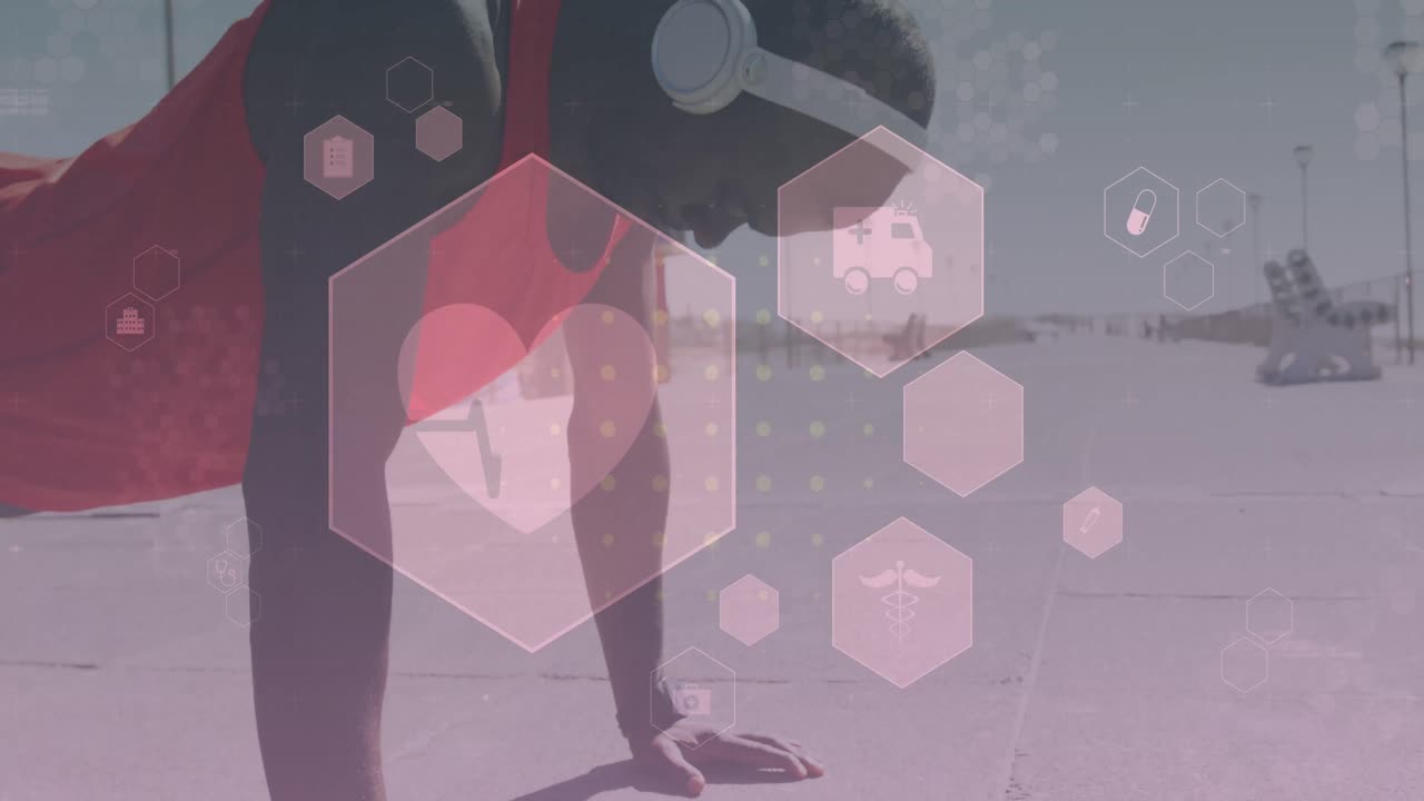 아프리카계 미국인 피트 남자가 산책로에서 푸시 업 운동을 하는 것을 반대하는 여러 의료 아이콘