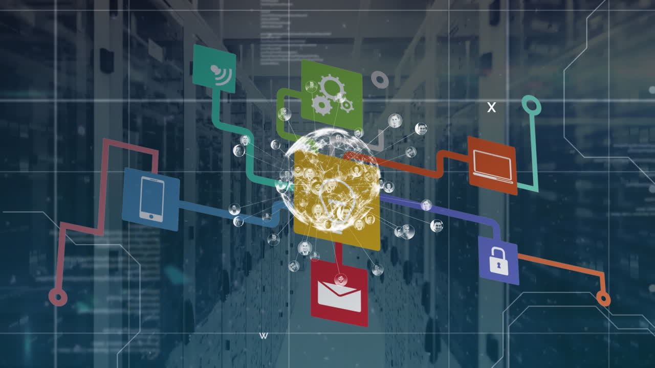 animación del globo con iconos de tecnología sobre los servidores