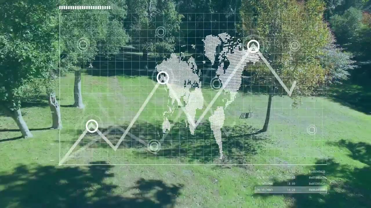Drone panning over park revealing dotted map animating rising line graph for data, tagging person
