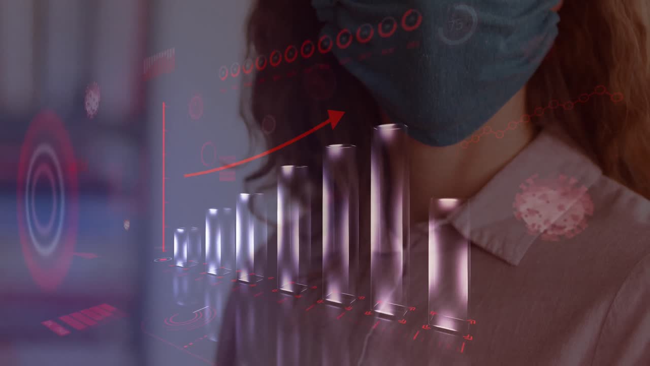 그리고 코로나바이러스 박테리아가 마스크를 쓴 여자를 날아다니고 있습니다.