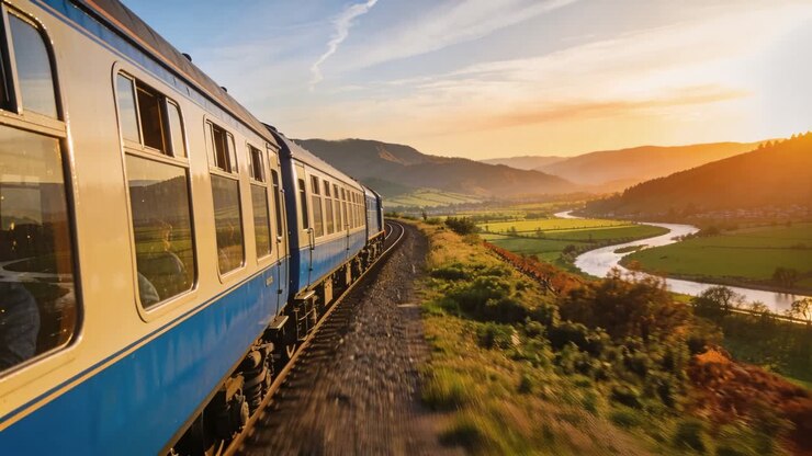 Moving blue train passing valley at sunset, windows reflecting seated man in dark top, copy space