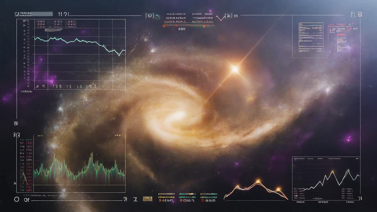 Futuristic Digital Interface Displaying Galaxy and Data Graphs