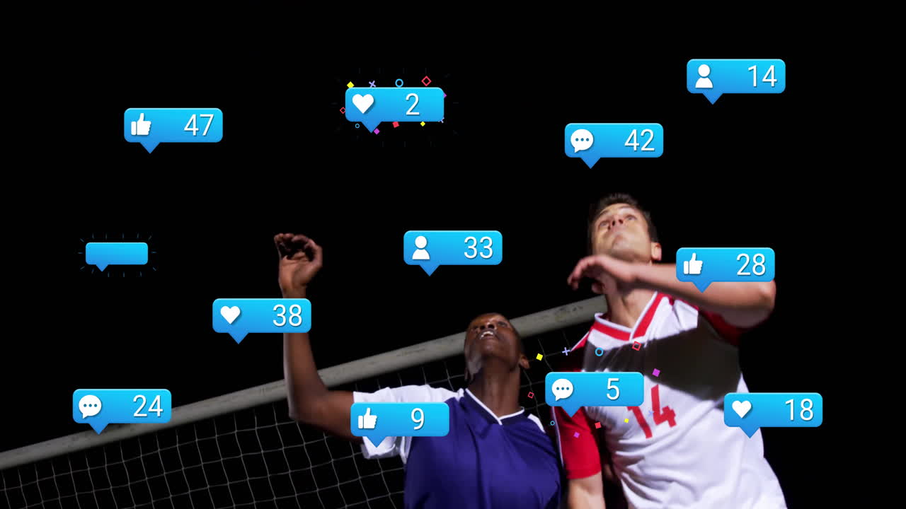 Jumping for ball, soccer players with animation of social media icons overlaying