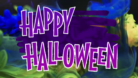 animation of happy halloween text over multicoloured background