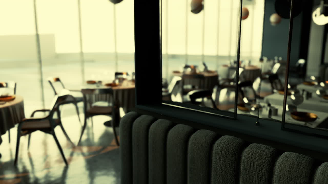 Interno vuoto di un ristorante moderno con tavoli apparecchiati per cenare.