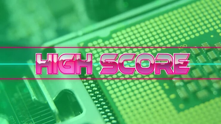 High score-tekst på neonbanner mod nærbillede af mikroprocessorforbindelser på bundkort.