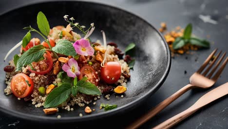 gourmet quinoa salad is garnished with fresh mint, edible flowers, cherry tomatoes, raisins, and chopped nuts, served on a black plate, creating a visually appealing and healthy dish