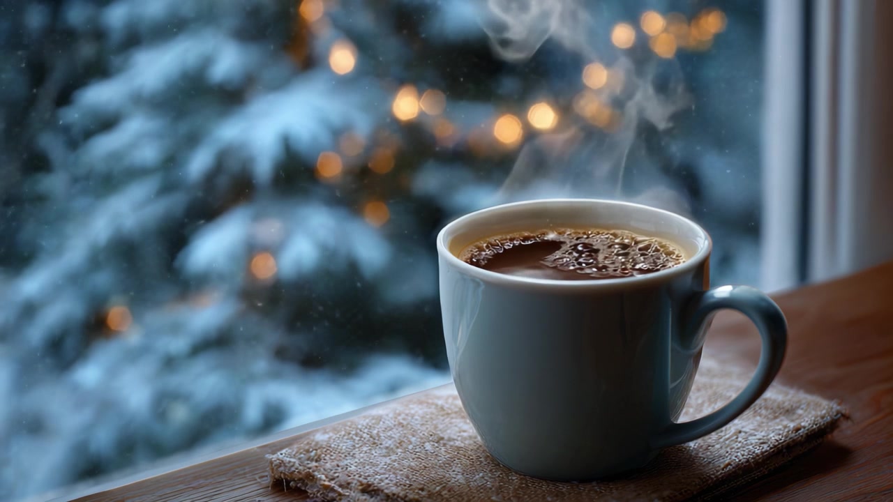 Taza de café caliente contra ventana nevada con luces parpadeantes: Un momento invernal acogedor capturado en un entorno interior sereno
