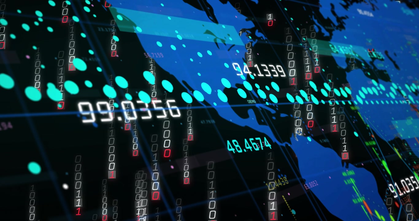 On data pulse blue continent map responding streaming binary cascades at teal nodes to show metrics