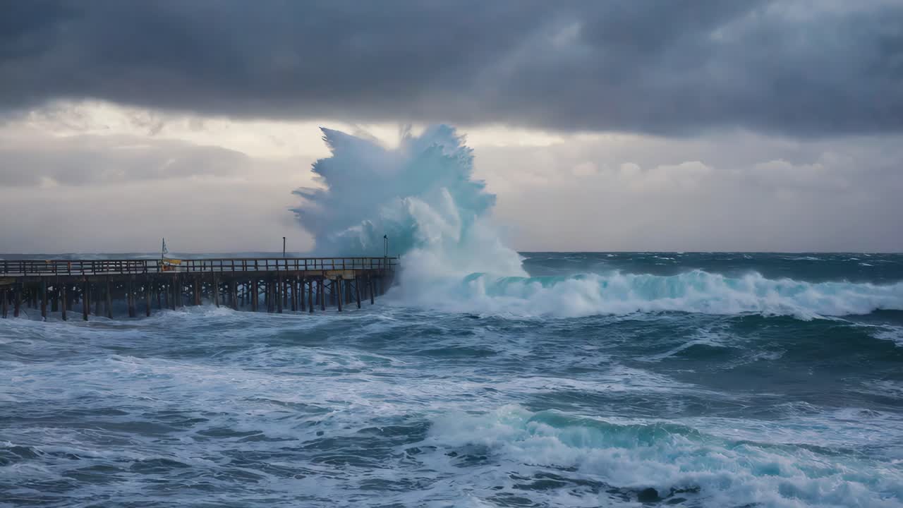 Stormy waves crashing against a pier