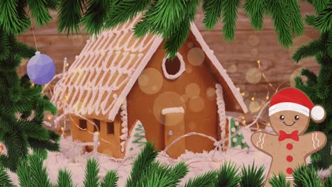 Animation-of-spots-of-light-over-christmas-winter-scenery-with-gingerbread-house