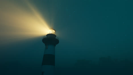 beam of light from lighthouse rotating over the sea during sunset. tall tower on the small island. the building serves as a navigational aid for maritime pilots during night time. loopable animation.