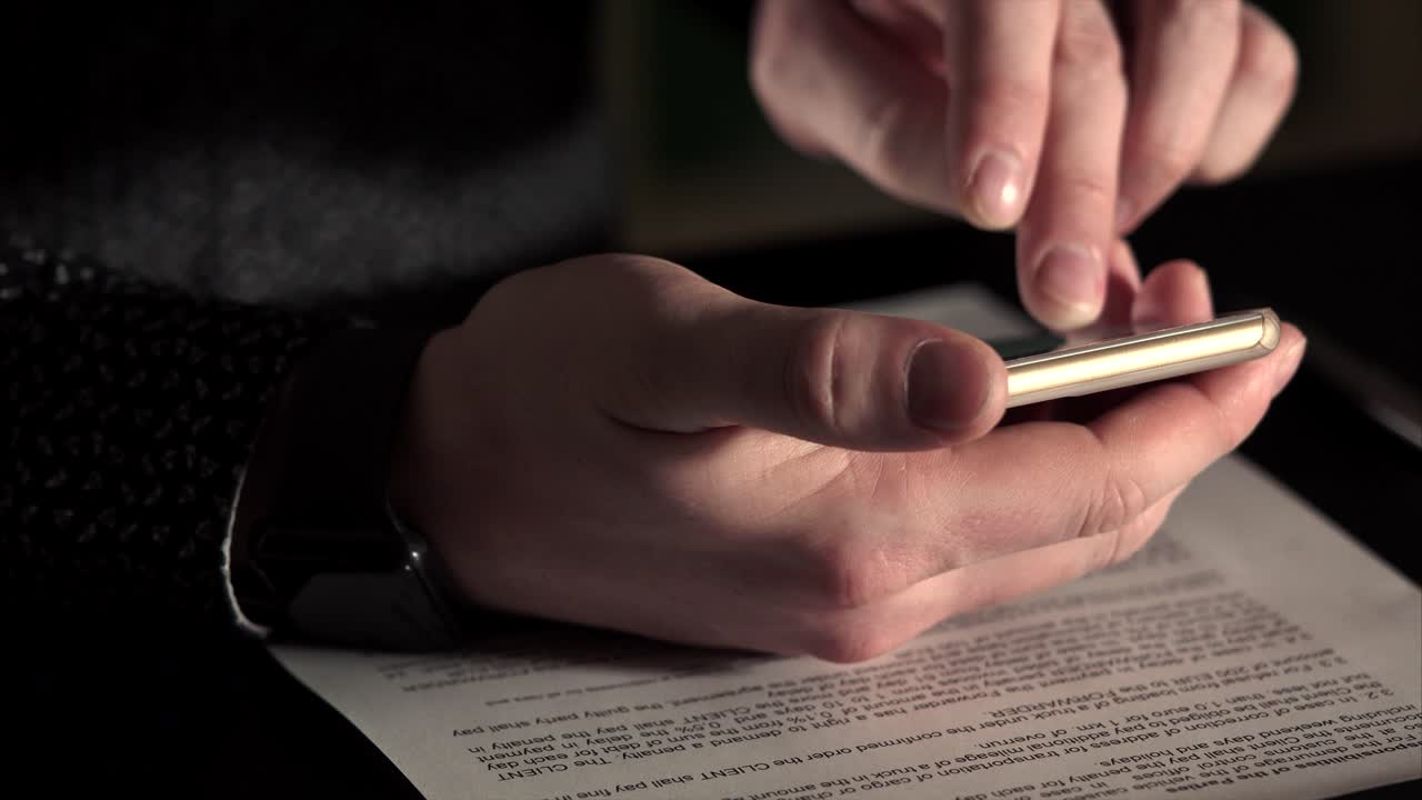 persona que utiliza un teléfono inteligente para revisar un documento