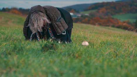 medium shot of older fat woman with grey hair photographing macro shots of parasol mushroom in the grass