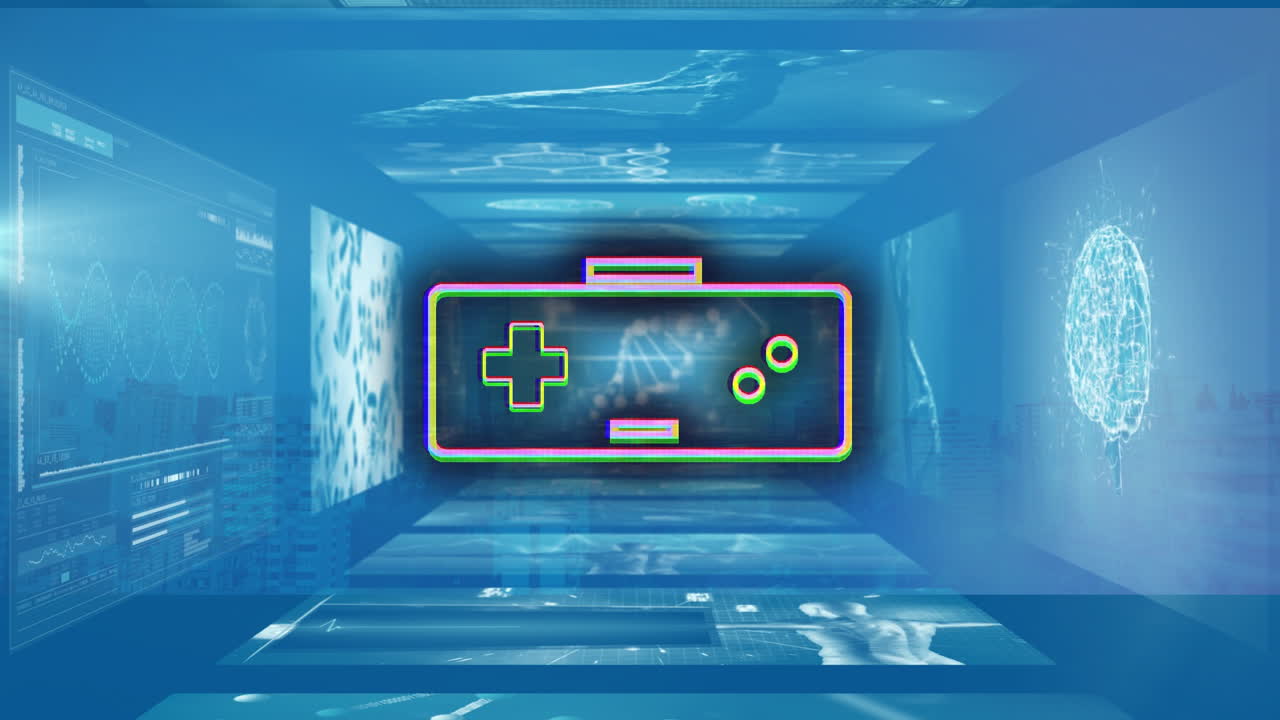 Animation of game controller icon on digital screens with scientific data in school