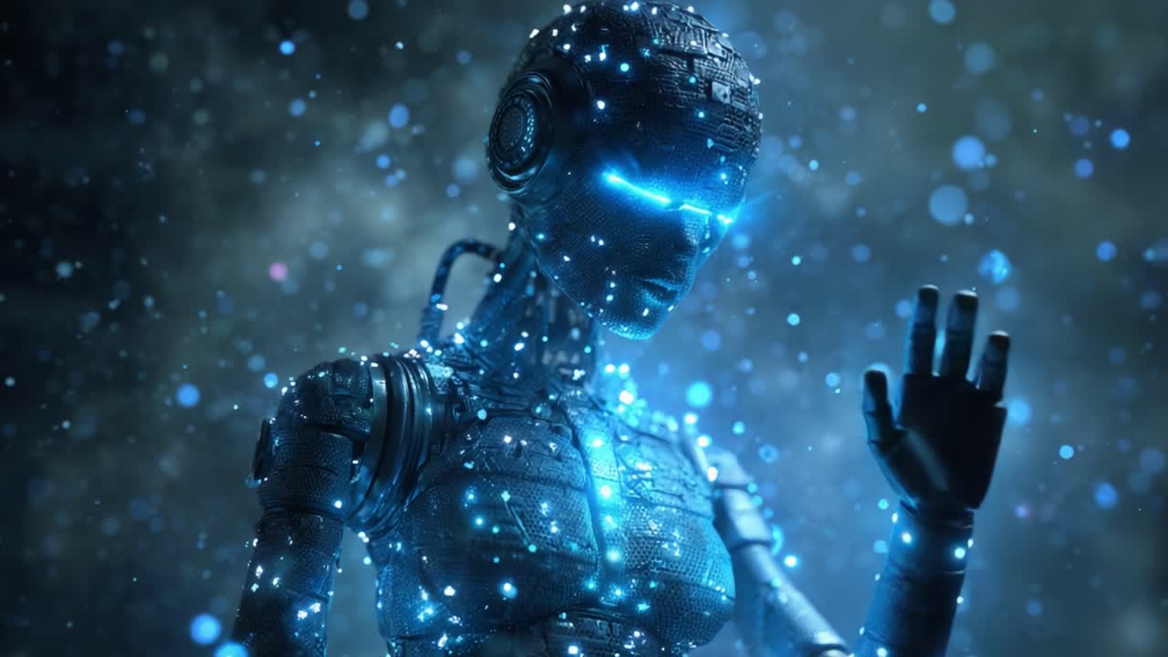 A Glowing Futuristic Cybernetic Being Surrounded by Ethereal Particles, Showcasing Advanced Technology and Intricate Design in a Mysterious Atmosphere