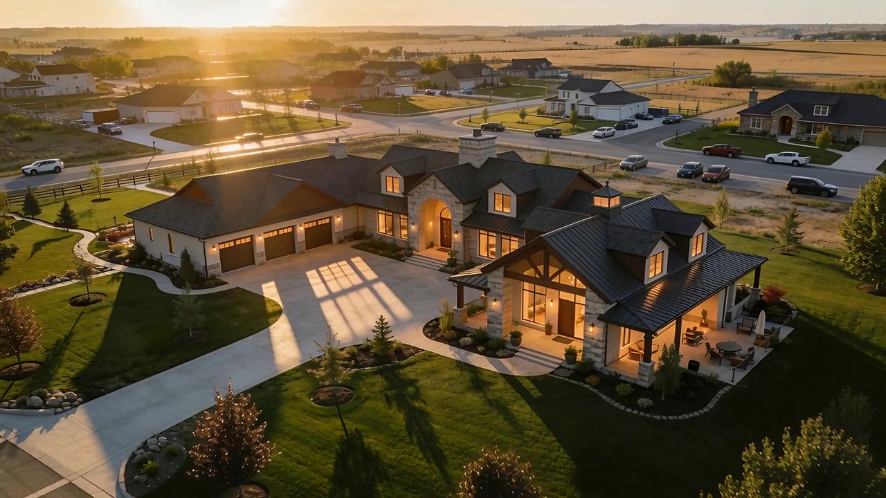 Pulling back drone revealing large farmhouse on suburb road showcasing lit porch while sun sinking