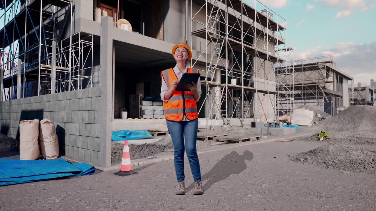 Full Body Of Asian Female Engineer With Safety Helmet Looking At The Tablet In Her Hand And Looking Around While Standing At Construction Site in Progress to New House