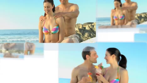 montaje de una joven pareja divirtiéndose en la playa