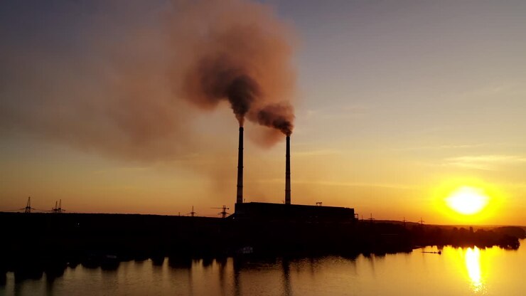 Smoke from pipes in factory. Industrial factory buildings from the outside