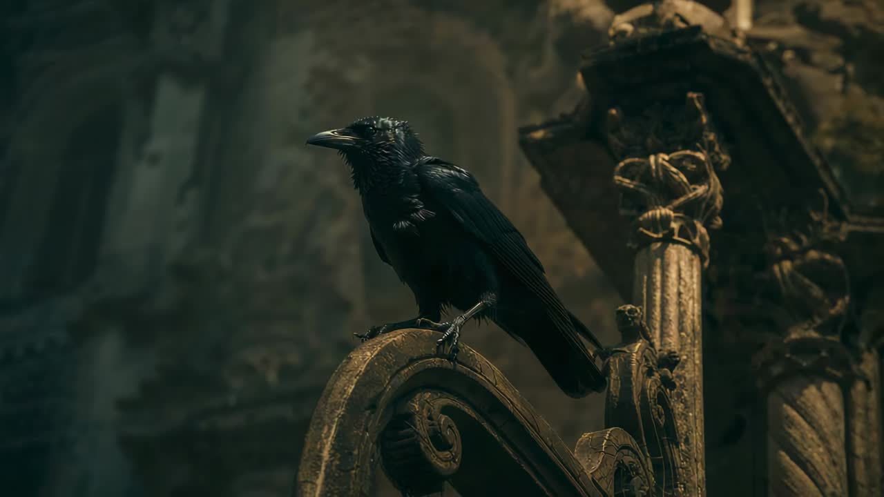 Noticing movement black crow shifting posture and cawing in Gothic hall on metal perch, copy space