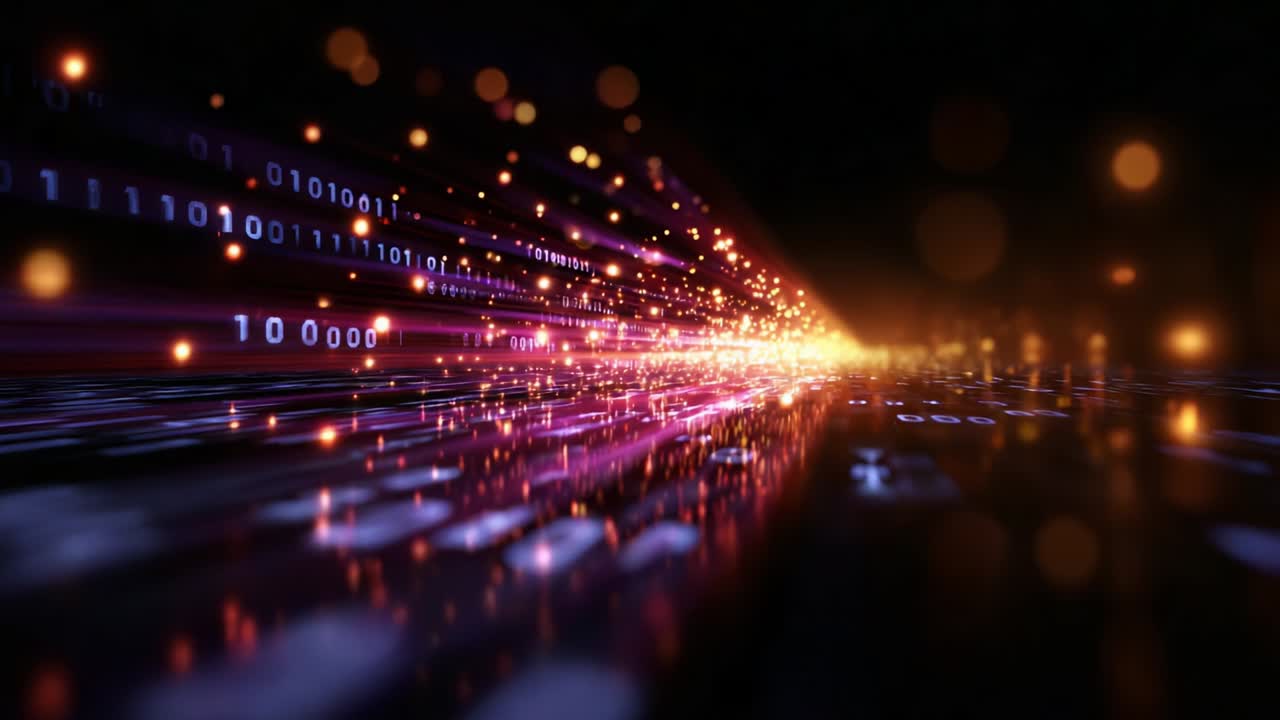 Dynamic Visualization of Streaming Data Flow: A Mesmerizing Display of Binary Code and Light Particles Representing Information Transfer in a Digital Realm