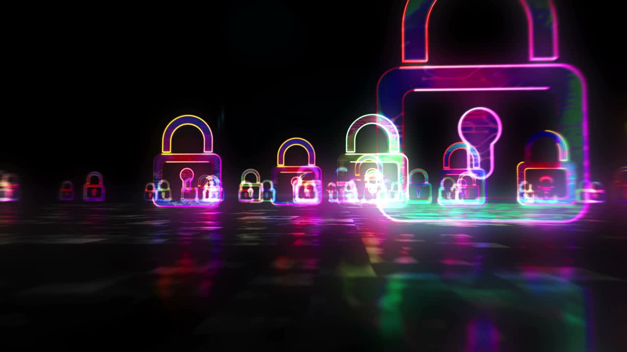 símbolo de seguridad cibernética de candado animación de hiperespacio en bucle abstracto