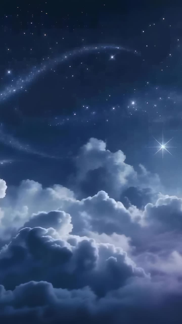 Vertical video: Glinting bright star hovering over clouds under spiral of stars, copy space