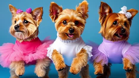 tres perros pequeños vestidos con tutus y arcos sobre un fondo azul