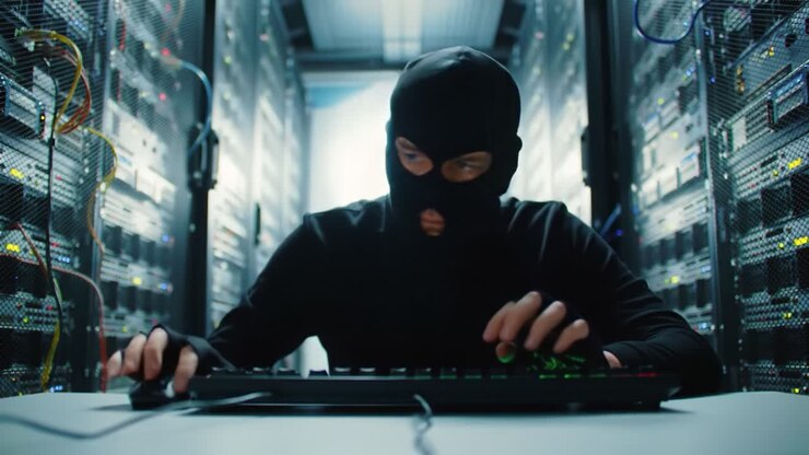 Intruso nella sala server: Una figura misteriosa con una maschera lavora intensamente a una tastiera, circondata da apparecchiature di archiviazione dati ad alta tecnologia in un'illuminazione scura.