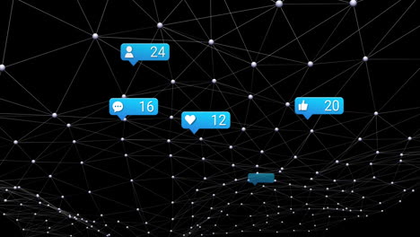 Animation-Von-Social-Media-Symbolen-Und-Zahlen-über-Verbindungen-Auf-Schwarzem-Hintergrund